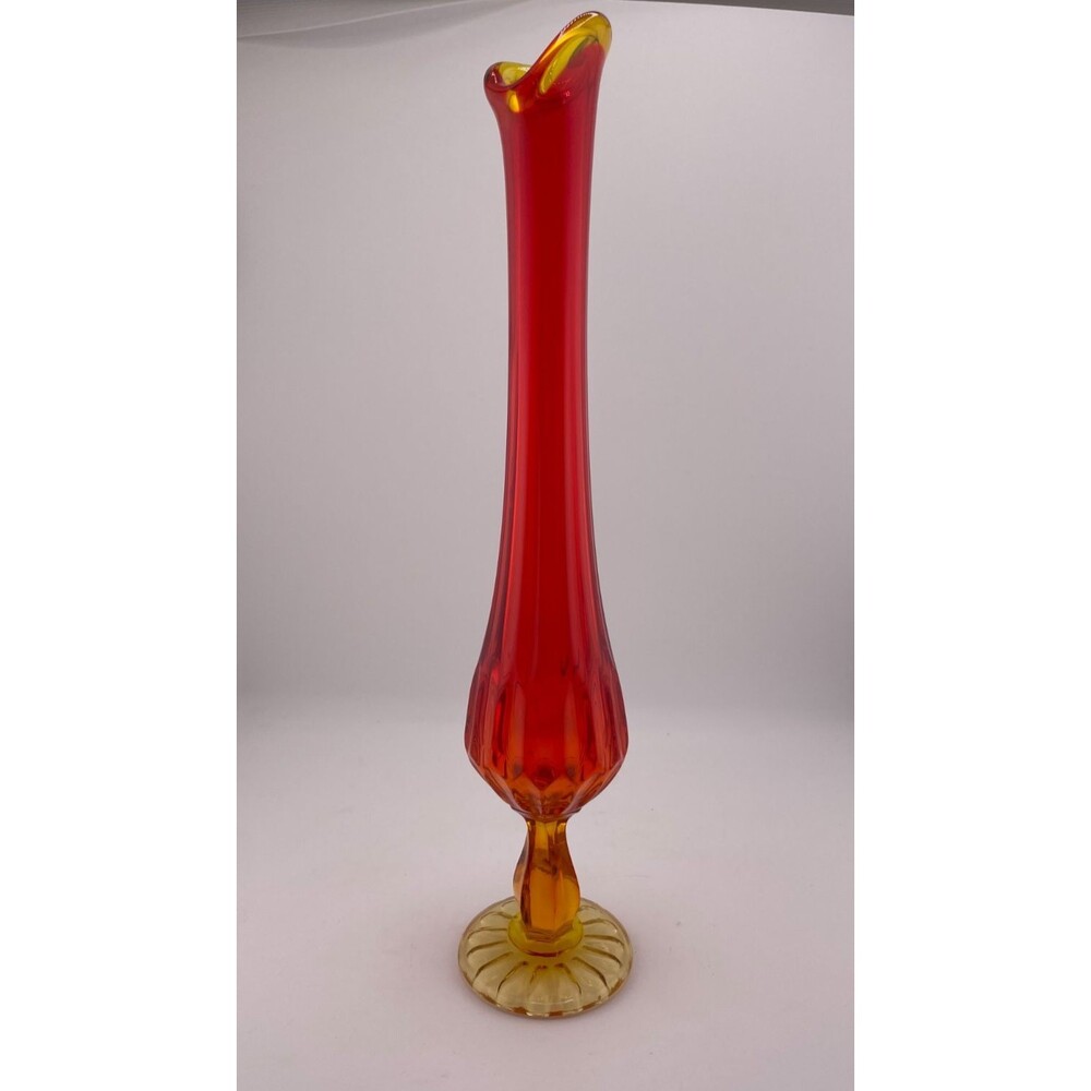 Swung Glass Vase Amberia Ribbed Orange Yellow 12" Tall Vintage Mid Century - Picture 1 of 6